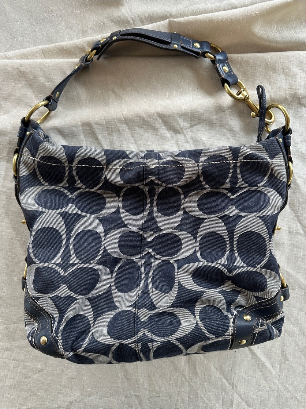 Coach Navy and Cream Signature Canvas Carly bag large